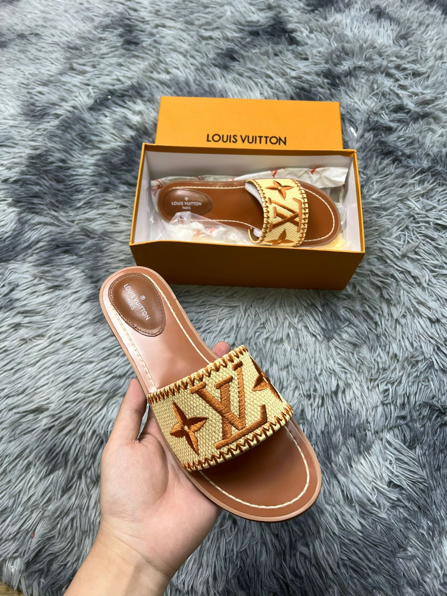 Lock It Flat Raffia Mules LV