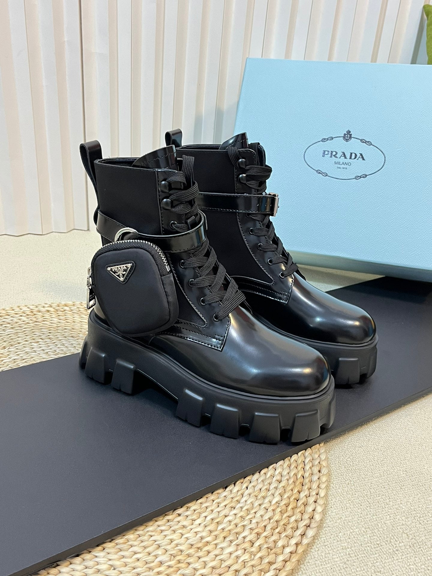Prada monolith leather and Re-Nylon combat Boots